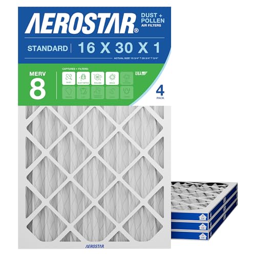 Aerostar 16x30x1 MERV 8 High Efficiency Pleated Air Filter 4-Pack Electrostatic AC Furnace HVAC Replacement Captures Dust Pollen Pet Dander Mold Lint (15.75x29.75x0.75)