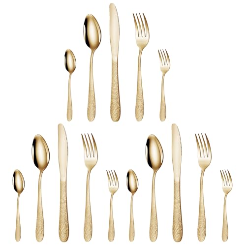 Image of aDai Hammered Aurum Gold Silverware Set | 15-Piece Premium Stainless Steel Flatware Set | Dishwasher Safe Cutlery Set for Home, Restaurant & Gifting