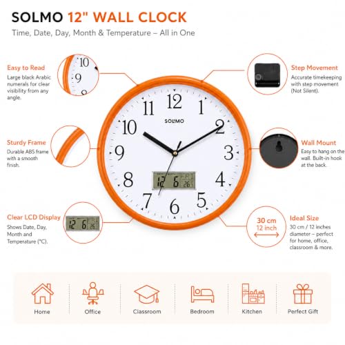 Image of Amazon Brand - Solimo 12 Inches Analog Wall Clock with LCD Display Wall Clock for Hall Living Room Bed Room Office Wooden Look Plastic Step Movement Stylish Wall Clock for Home - 1197LCD (D Wood)