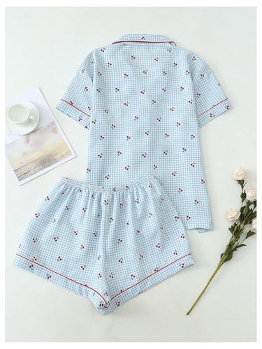 Image of BEAUDRM Women's Two Piece Pajama Sets Allover Print Short Sleeve Sleepwear Button Down Shirt and Bow Shorts Pj Set Loungewear