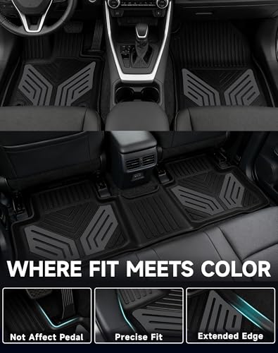 Image of Premium Color TPE Floor Mats Custom Fit for Toyota RAV4 2019-2025 (Only for Hybrid)| Titan Gray Wing Design | All-Weather Heavy Duty Car Floor Liners Full Set 1st & 2nd Row
