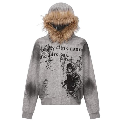 Ponitrack Grey Gothic Graphic Print Zip-Up Jacket with Fur Hoodie - Unisex Large for Edgy Streetwear Vibes