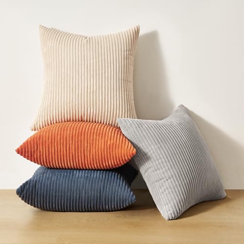 Image of Topfinel 20x20 Set of 4 Boho Couch Throw Pillows Decorative Velvet Pillow Covers for Bed Accent Nordic Corduroy Pillowcase Sofa Living Room Home Decor Blue and Yellow