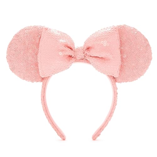 Disney Store Official, Minnie Mouse, Diadema Orejas Rosa para Adultos, Accesorio de Disneyland Paris, Accesorio para el Pelo Unisex con Lazo y Lentejuelas Rosas