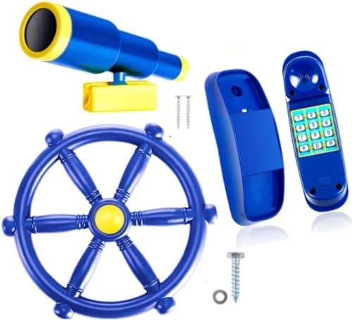 TFWFOP - 3 Pcs Playground Accessories for Kids,Swingset Attachments with Pirate Ship Wheel, Toy Telescope and Telephone Outdoor Swing Set Accessories (3 Blue)