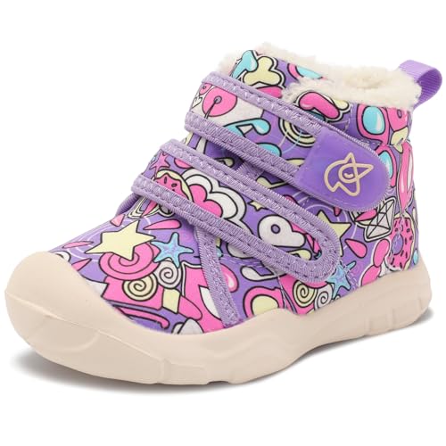 LeIsfIt Toddler Boots Girls Boys Warm Winter Boots Cozy Plush Lining Winter Shoes Indoor Outdoor Faux Fur Booties | Purple Pattern, Size 8