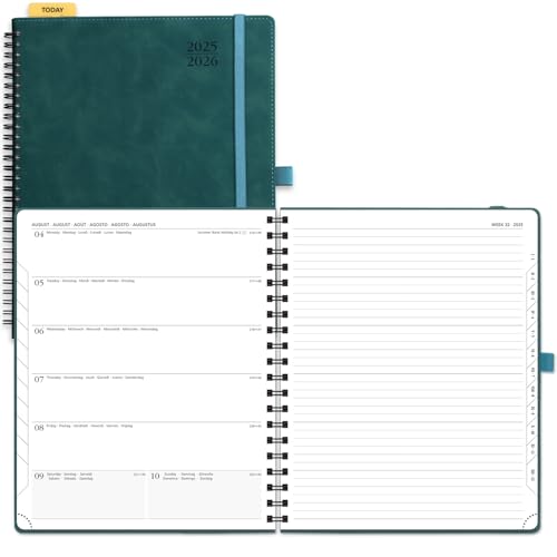 POPRUN Academic 2025-2026 Diary Week to View Large Spiral Bound PU Leather Soft Cover 26.5 x 21.5 cm - 25/26 Mid Year Weekly Planner & Notebook in One, Monthly Tab (Peotrol Green)