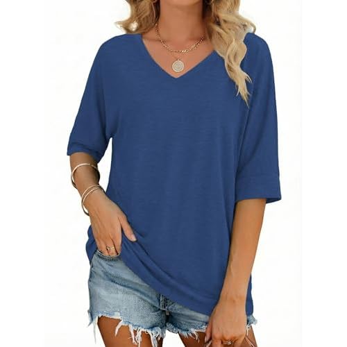Totatuit Womens Oversized Tee Shirts Short Sleeve V Neck Blouse Side Slit Basic Tshirts Loose Fit Tunic Tops Navy Blue Large