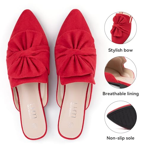 Image of MUSSHOE Pointed Toe Women's Bow Mules: Slip On Backless Loafers - Dressy Casual Flat Shoes for Office Work & Everyday Wear