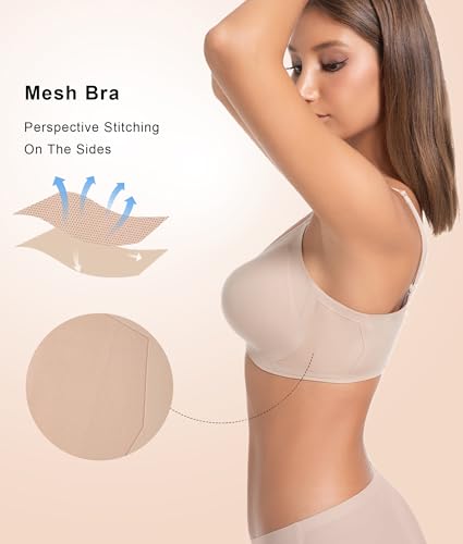 SHAPERX Wireless Bras for Women Seamless Push Up V Mesh Bralette No Underwire Full Coverage T-Shirt Bra with Removable Pads3