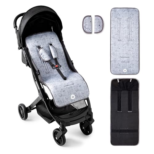 Interbaby Colchoneta Silla Paseo Universal para Verano | Transpirable y Cómoda | Funda Carro Bebe 100% Algodón, 84x34cm, Protectores para Arnés | Funda Silla Paseo Cat Gris