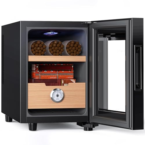 KingChii 16L Electric Cigar Humidors Temperature Control Cabinet with Spanish Cedar Wood Shelves & Drawer Hygrometer Gifts for Men (100 Counts Capacity)