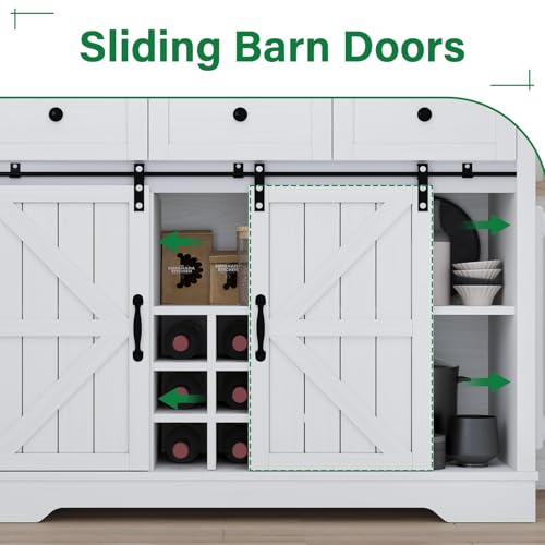 4 EVER WINNER 72" Coffee Bar Cabinet with Sliding Barn Door & Wine Racks, Hutch Cabinet with Storage and 3 Drawers, Farmhouse Coffee Bar with Wine Glass Holder for Dining Room Kitchen, White