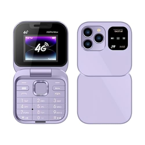SoirFanTlio I16 Pro Mini Flip Phone, 1.77 Inch HD Display, Dual SIM 4G, Foldable Design with Big Buttons, FM Radio, 32MB RAM, Multiple Colors Available, for Seniors (4G-Purple)