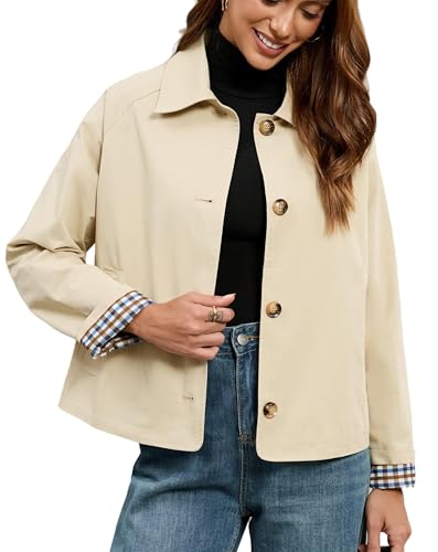 Womens Cropped Trench Coat Single Breasted Classic Lapel Overcoat Plaid Lined Oversized Outerwear