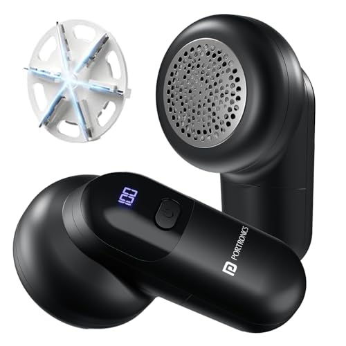 Image of Portronics Lint X Rechargeable Fabric Lint Remover with 6 Stainless Steel Blades, 3 Speed Modes, LED Display, Detachable Lint Container, 70-Min Runtime, Type-C Charging, for Clothes & Car Interiors