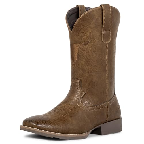 Image of J's.o.l.e Men's Western Boots Wide Square Toe Cowboy Boots for Men Classic Embroidery Pull On Non-Slip Sole Brown Boots