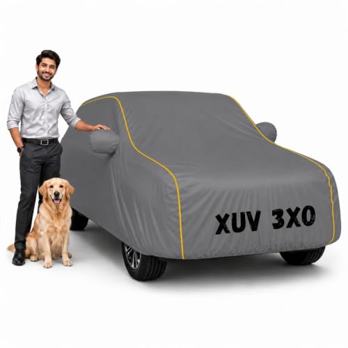 Image of Waterproof Car Cover for Xuv 3Xo | Soft Cotton Lining Heavy Duty Triple Stitched Heat Resistant Outdoor Cover Comes with Mirror and Antenna Pocket Full Bottom Elastic (Zig Zag Grey)