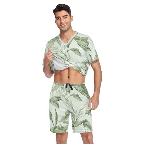Men's Pajama Set Leaves Short Sleeve with Shorts Pockets Sleepwear Set Summer Loungewear3