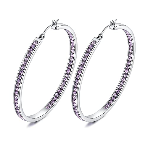 Weinuo 2 Inch Stunning Stainless Steel Purple Cubic Zirconia Hoop Earring For Women Hypoallergenic Jewelry For Sensitive Ears Large Big Hoop Earrings 50Mm #TOP5