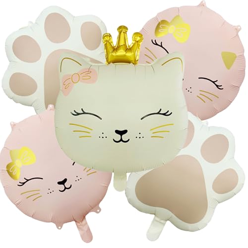 Image of 5Pcs Cat Head Foil Balloon | Cute Crown Kitten,Kitty Paw,Birthday Party Supplies(Cream White,Pink)