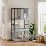 Upgraded Outdoor Cat Enclosure with 3 Perches, Wheels & Lockable Doors - Weatherproof Large Cat Cage for Indoor/Outdoor Use - Dark Gray/Light Gray/Black Fir Wood & Steel Cat House (36