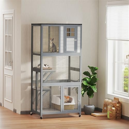 Upgraded Outdoor Cat Enclosure with 3 Perches, Wheels & Lockable Doors - Weatherproof Large Cat Cage for Indoor/Outdoor Use - Dark Gray/Light Gray/Black Fir Wood & Steel Cat House (36
