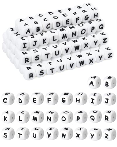 130Pcs FIVEIZERO Silicone Letter Beads 12mm A-Z Alphabet Beads Square Bead for Bracelets and Keychains Large Letter Bead for Necklaces and Lanyards MakingWhite