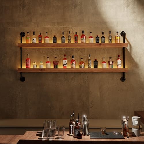 Image of Bar Shelves, Wall Mounted Wine Rack, Weathered Brown, 48 Inch with LED | 2 Tier, Industrial, Solid pine shelves, black pipe brackets, 50 lbs per shelf, wine, liquor, bar decor, with LED light