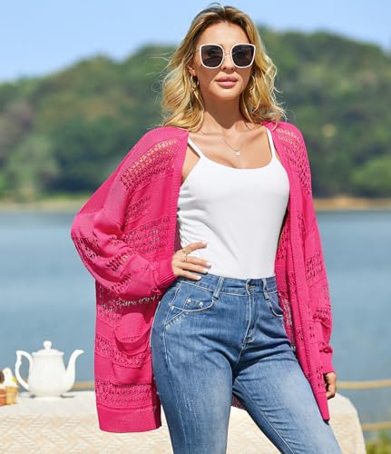 V For City 231225AW0691MAG-2XL Crochet Cardigan Tops Summer Light Weight Open Front Long Sleeve Knited Sweaters Women Trendy 2024 Rose Xx-Large thumb #1