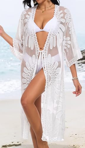 CHICGAL Womens Swimsuit Coverup Lace Bathing Suit Cover Up Beach Kimonos Long Cardigan Open Front Swimwear4