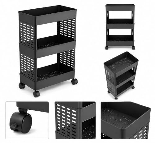 Image of Plastic Storage Rack Trolley with Wheels, 3 Layer Multipurpose Organizer Shelf for Kitchen, Bathroom & Bedroom, Open Storage Cart for Fruits, Vegetables, Toiletries, Snacks (Casual 3-Layer)