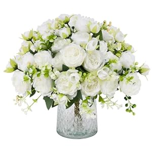 JUSTOYOU Lot de 4 bouquets de pivoines artificielles avec 20 têtes de pivoines artificielles en soie pour mariage, maison, table, fête, décoration de fenêtre (blanc)