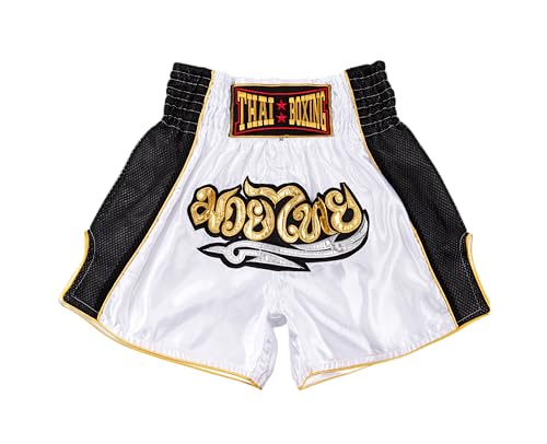 MUAY NATION Muay Thai Shorts for Men Women Slim Cut MMA Boxing Shorts Training Kickboxing Workout Clothing Martial Arts Trunks (Medium, Classic White)