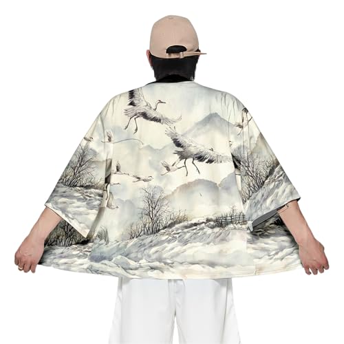Image of DOSLAVIDA Men's Japanese Kimono Cardigan Suit Chinese Style Printed Jacket Pants Set Open Front Seven Sleeve Top & Shorts