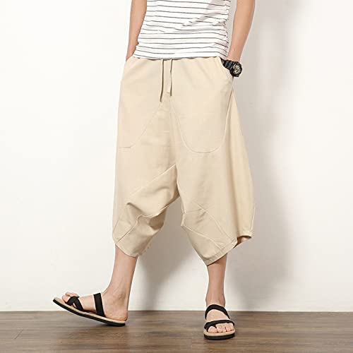 Men Linen Capri Pants Drop Crotch Wide Leg Baggy Harem 3/4 Shorts Pants Japanese Casual Cropped Beach Yoga Trousers2