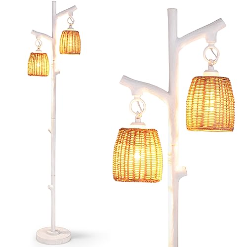 Lampada Da Terra In Rattan E MetallO - Design Boho/Scandinavo, 120cm, 3 Lampadine E27 - Effetto Luce Parete - Foto 3