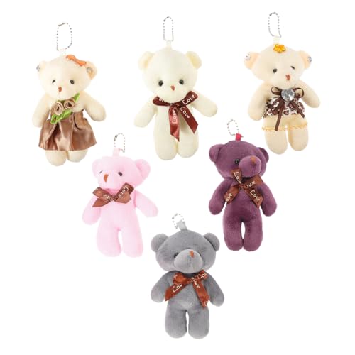 CALLARON 6 Piezas Colgante de oso pequeño oso de peluche llavero decoraciones encantos de la caja del teléfono encantos de oso de dibujos animados decoración de llavero algodón