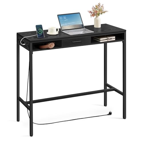 VASAGLE Mesa de Cocina, Mesa de Bar con Estación de Carga, 40 x 120 x 105 cm, Cajón de Tela no Tejida, Ganchos, Negro Ébano LBT029B02V1