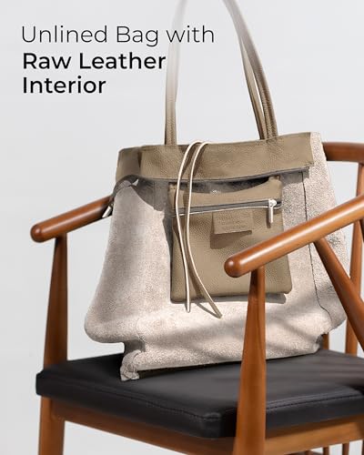 Image of Genuine Italian Leather Tote Bag for Women, Large Slouchy Purse, Taupe | Unstructured bag, raw unlined interior with zip pocket, top zipper, side ties, folds flat, fits a 16-inch laptop, lightweight