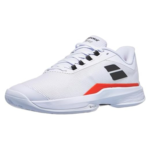 Babolat, Jet Tere All Court Herren-Tennisschuhe, Halt, Dämpfung, Active Flexion-Technologie, atmungsaktive Ortholite-Sohle, französische Marke – Weiß/Strike Red, Größe EU 42
