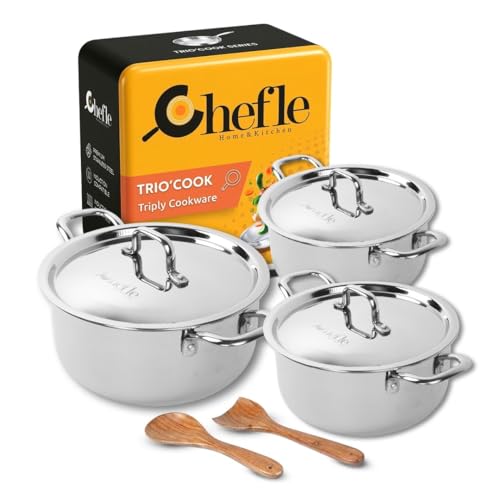 Image of Trio-Cook Triply Stainless Steel Saucepot Combo | 20cm (3.5L), 24cm (5.5L) and 28cm (8L) Pots with Steel Lids | Induction and Gas Compatible | Rust-Resistant Cookware Set