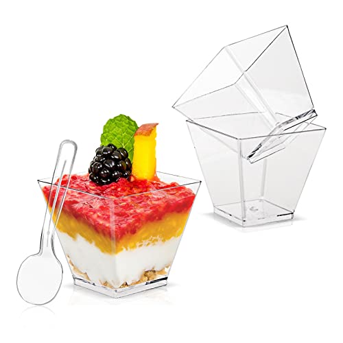 100 x 240ml Dessert Cups with Lids & Spoons,Clear Plastic Square Cup - Small Reusable Serving Bowl for Tasting Party Shooters Desserts
