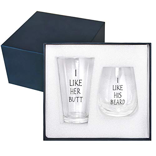 I Like His Beard, I Like Her Butt Funny Wine Glass Set