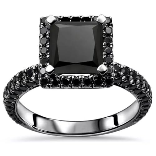 14K Black Gold Finish Princess & Round Cut Black Diamond Halo Wedding Anniversary Ring for Women's
