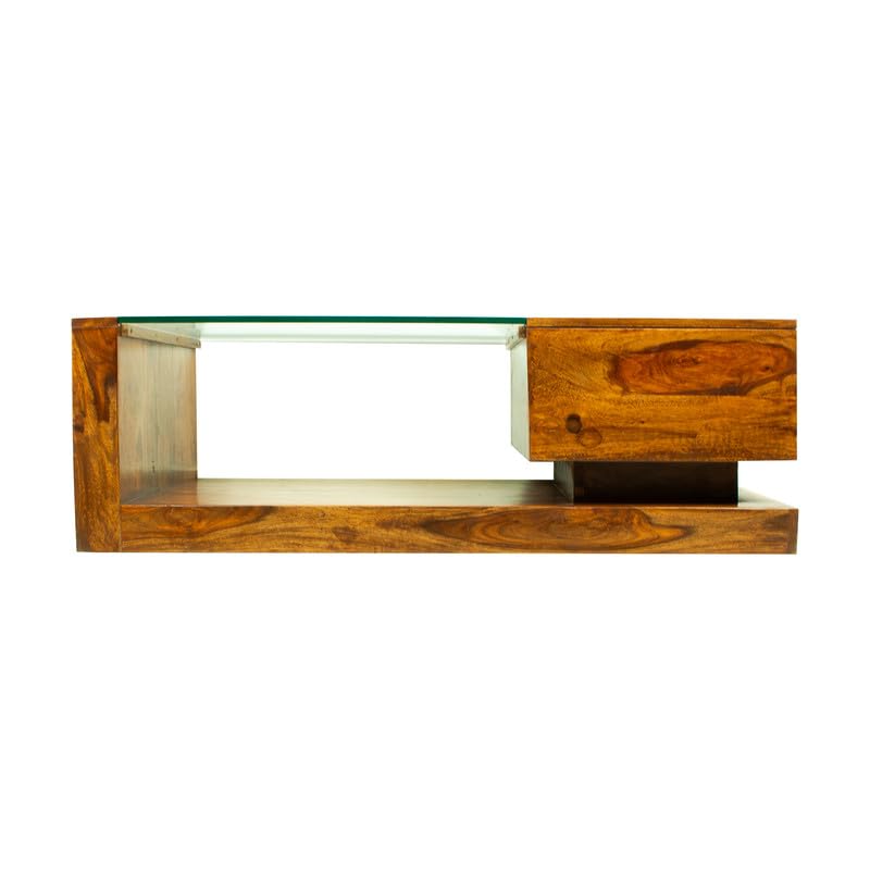 Image of Sheesham Wood Coffee Table with Drawer Storage Wooden Tea Table with Glass for Living Room Home Office Furniture Solid Wood Teapoy (Honey Finish)