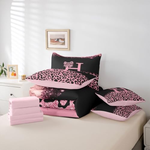 Image of Feelyou Pink Leopard Bow Comforter Set with Sheets 7 Piece Queen Size Initial Letter H Bedding Set for Kids Boys Girls Girly Bowknot Bed in a Bag Room Decor Soft Lightweight Microfiber