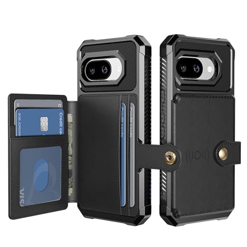 MRRSIWEI Case for Google Pixel 9a with Card Holder, Flip PU Leather Heavy Duty Shockproof Wallet Case Cover for Google Pixel 9a.C Black