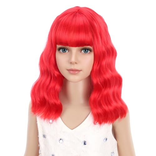 Image of PATTNIUM Kids Red Wig Short Wavy Red Wig with Bangs Red Wigs for Girls Heat Resistant Synthetic Hair Children Wigs (Red)