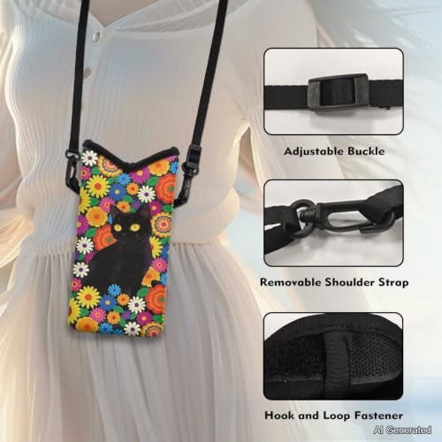 Image of Small Crossbody Bag for Women Waterproof Cell Phone Case Neoprene Mobile Phone Protection Bag Mini Satchel for Travel, Beach, Casual, Black Cat Colorful Daisy Flower